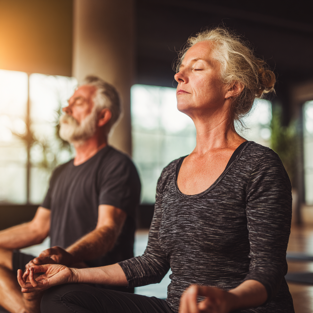 mature adults in peaceful yoga meditation session