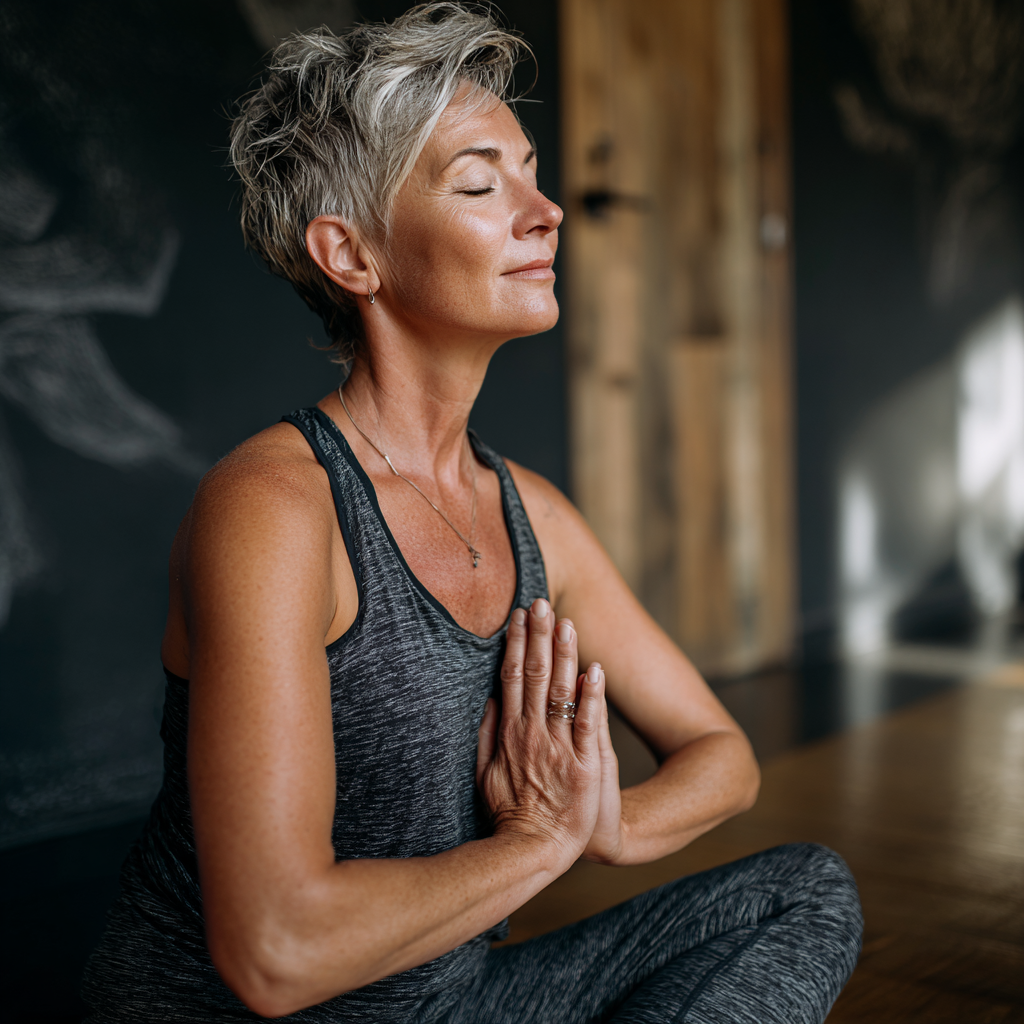 middle-aged woman practicing gentle yoga poses in serene studio environment